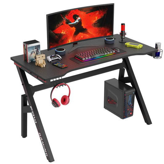47 Inch Gaming Desk PC Carbon Fiber Table Ultimate Gamer Workstation with Cup Holder & Headphone Hook for Home OfficeRed