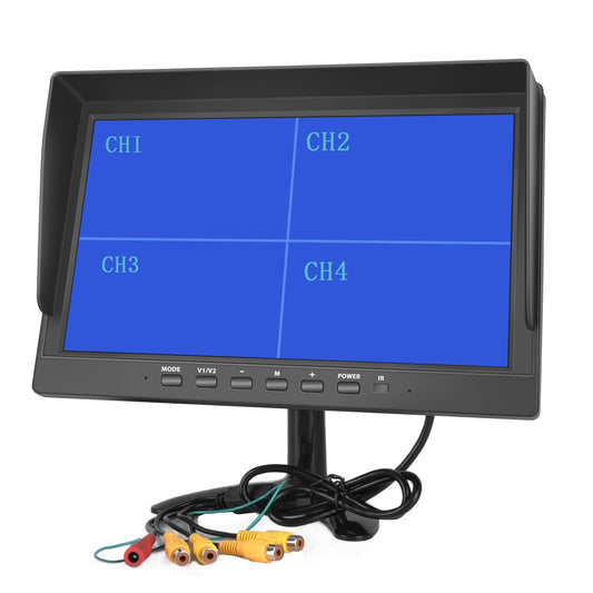 Hikity 10 Inch Small Monitor Screen Video Displays Quad Split HD Screen 4 Channels RCA Video Inputs for Car Backup Camera & Home Surveillance Security System + Headrest Mounting Bracket & Dash Stand