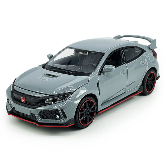 Civic Type R Toy Car Hatchback Sports Diecast Model Car 1/32 Scale Metal Pull Back Vehicles Doors Open Light Sound Toys for Boys Kids Birthday Gifts Mens Collection Cement Grey