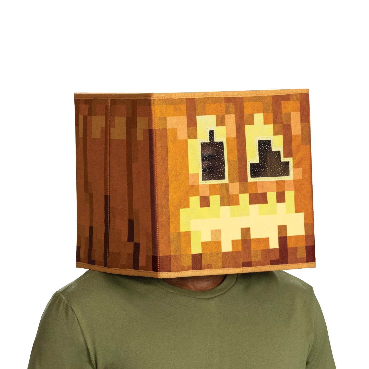 Minecraft Jack O'Lantern mask worn as a headpiece, showcasing pixelated art for Halloween festivity.