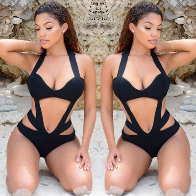 Women Woman Black One-Piece Swimsuit Bodysuit