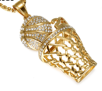 Diamond Basketball Hoop Pendant, Titanium Steel Necklace