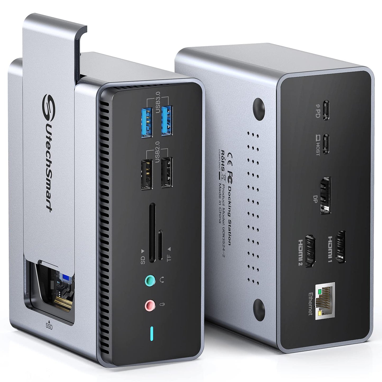 UtechSmart Docking Station with SSD Enclosure15 in 1 Triple Monitors USB C Docking Station Hard DriveCompatible with macOS&Windows (2*HDMIDP PD3.0SD/TFRJ45Audio&MicroUSB Ports)