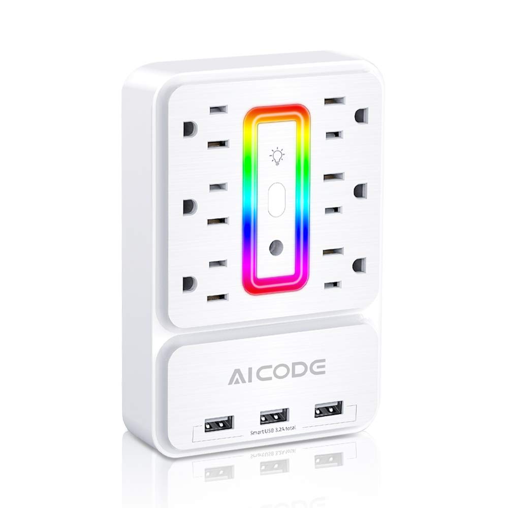 AICODE Multi Plug Outlet Extender 6 Outlet Surge Protector with 3 USB Charger(3.2A Total)Plug Electrical Outlet with 6 Ambient RGB Light Plug Extender for HomeOfficeDormHotel