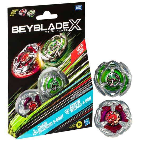 Beyblade X Chain Incendio 5-60HT and Arrow Wizard 4-60N Dual Pack Set with 2 Right-Spinning Tops; Battling Top Toys for 8 Year Old Boys and Girls