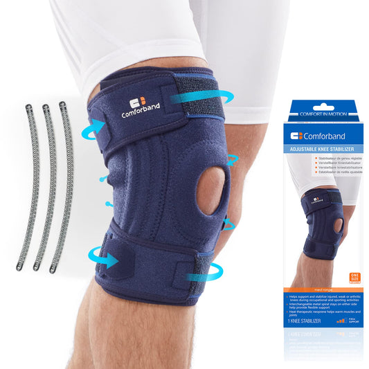 Comforband Adjustable Knee Stabilizer with Removable Supportive Side Stays – Support for Knee Sprains Strains Arthritis Meniscus Tear Sports Injury Recovery - One Size fits Most