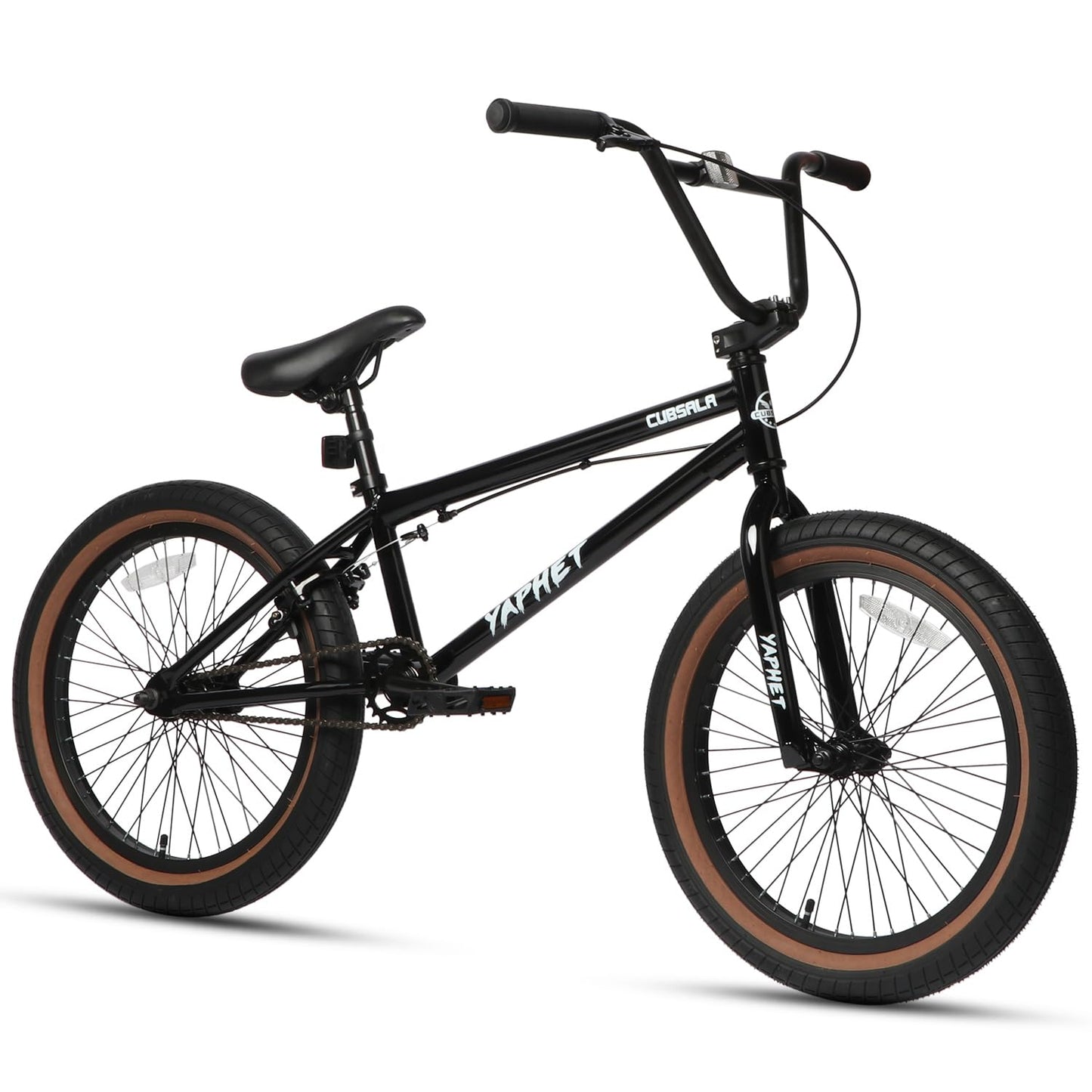 cubsala Freestyle BMX Bike 20 Inch Yaphet Bicycle for Teen Beginner and Adult Riders Bike with Hi-Ten Steel Frame Black with Brown Tires