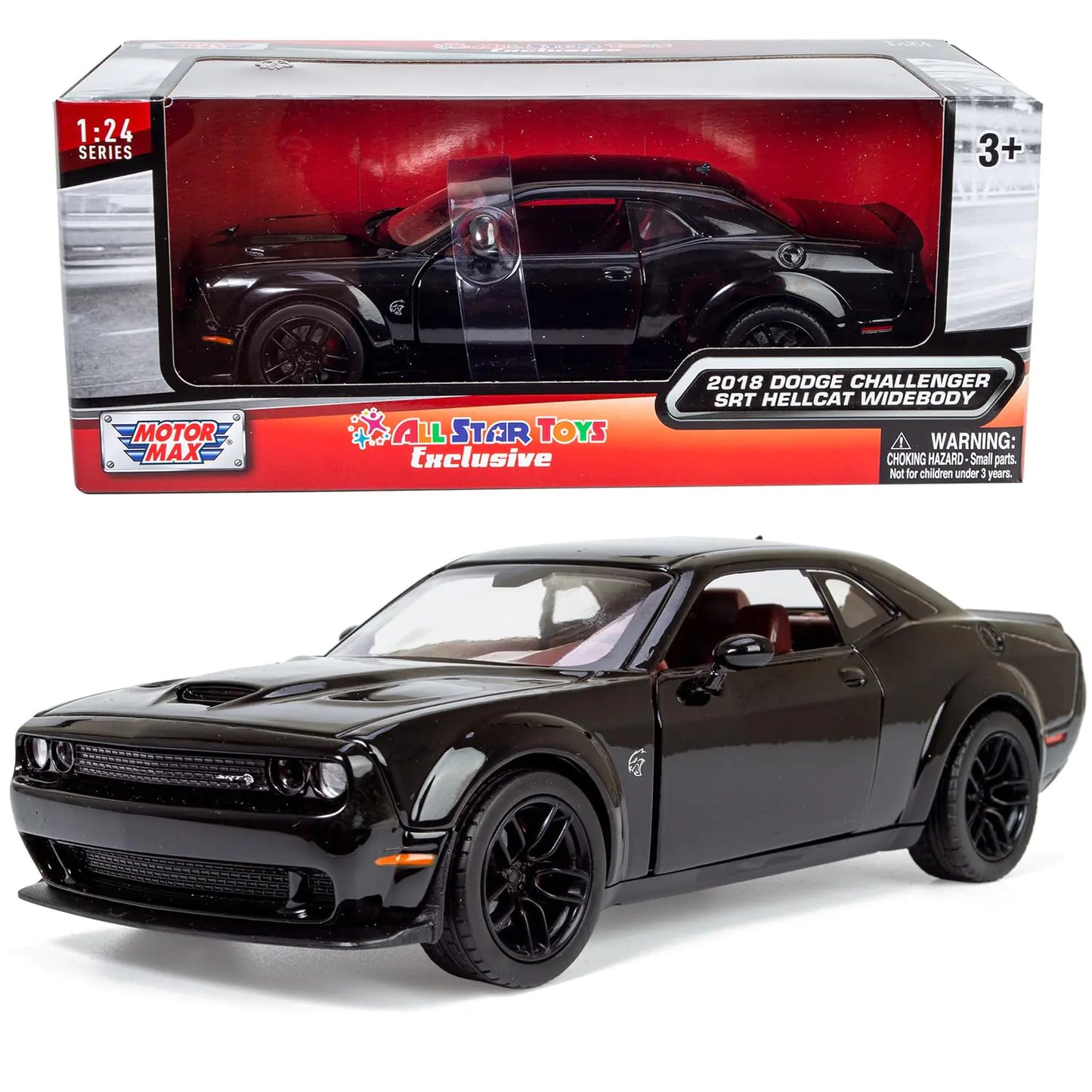 All Star Toys 2018 Dodge Challenger SRT Hellcat Widebody Black with Red Interior 1/24 Diecast Model Motormax 79350 Exclusive Edition