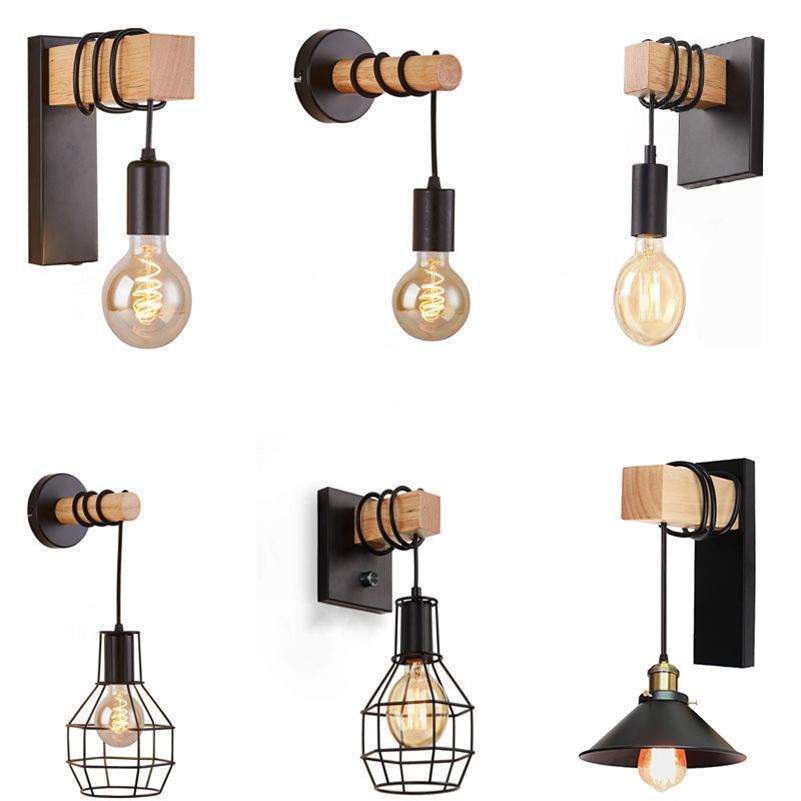 American Creative Wood Wall Light with Iron Shade