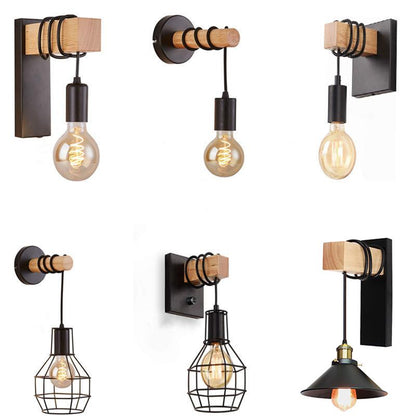 American Creative Wood Wall Light with Iron Shade