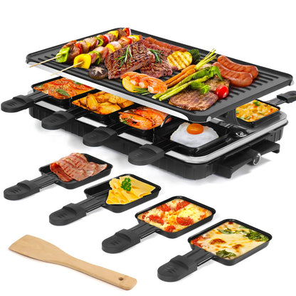 Raclette Table Grill Indoor Grill Korean BBQ Grill Electric Griddle 2 in 1 Electric Griddle Nonstick with 8 Raclette Cheese Pans Adjustable Temperature Control 1300W Ideal for Family and Party Fun