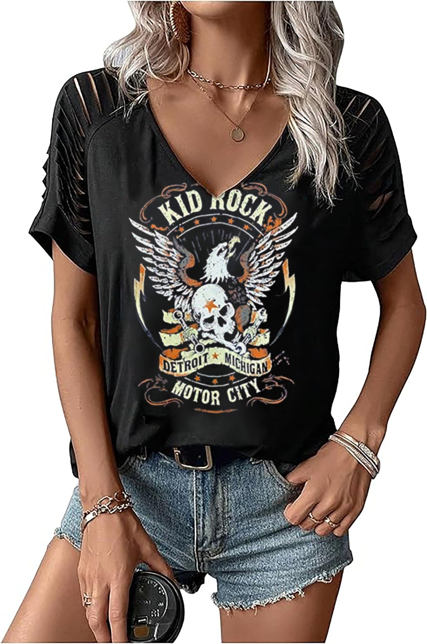 Rock Band T-Shirt for Women V-Neck Country Music Short Sleeved Shirt Retro Nashville Guitar Graphic Hollowed Tee Tops (SmallBlack)