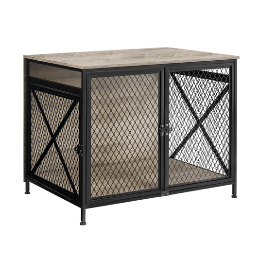 DWANTON Dog Crate Furniture 25" L Three-Door Wooden Dog Kennel Indoor Connectable Expansion Wooden Dog Crate Table for Small/Medium/Large Dog Dog House Dog Cage Large Greige
