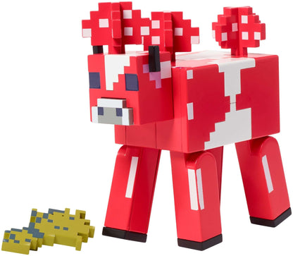 Minecraft Mooshroom figure with vibrant colors and articulated features next to a game accessory.