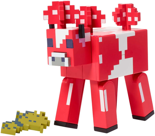 Minecraft Mooshroom figure with vibrant colors and articulated features next to a game accessory.
