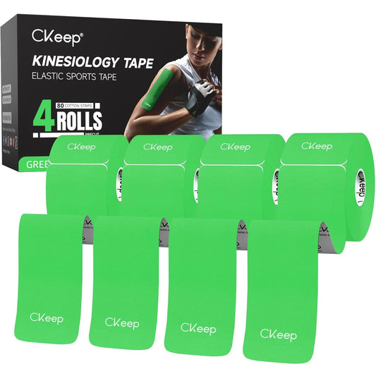 CKeep 4 Rolls Kinesiology Tape Original Cotton Elastic Athletic Tape 20 Precut 10" Strips Each Green Ideal for Muscle Support & Injury Prevention