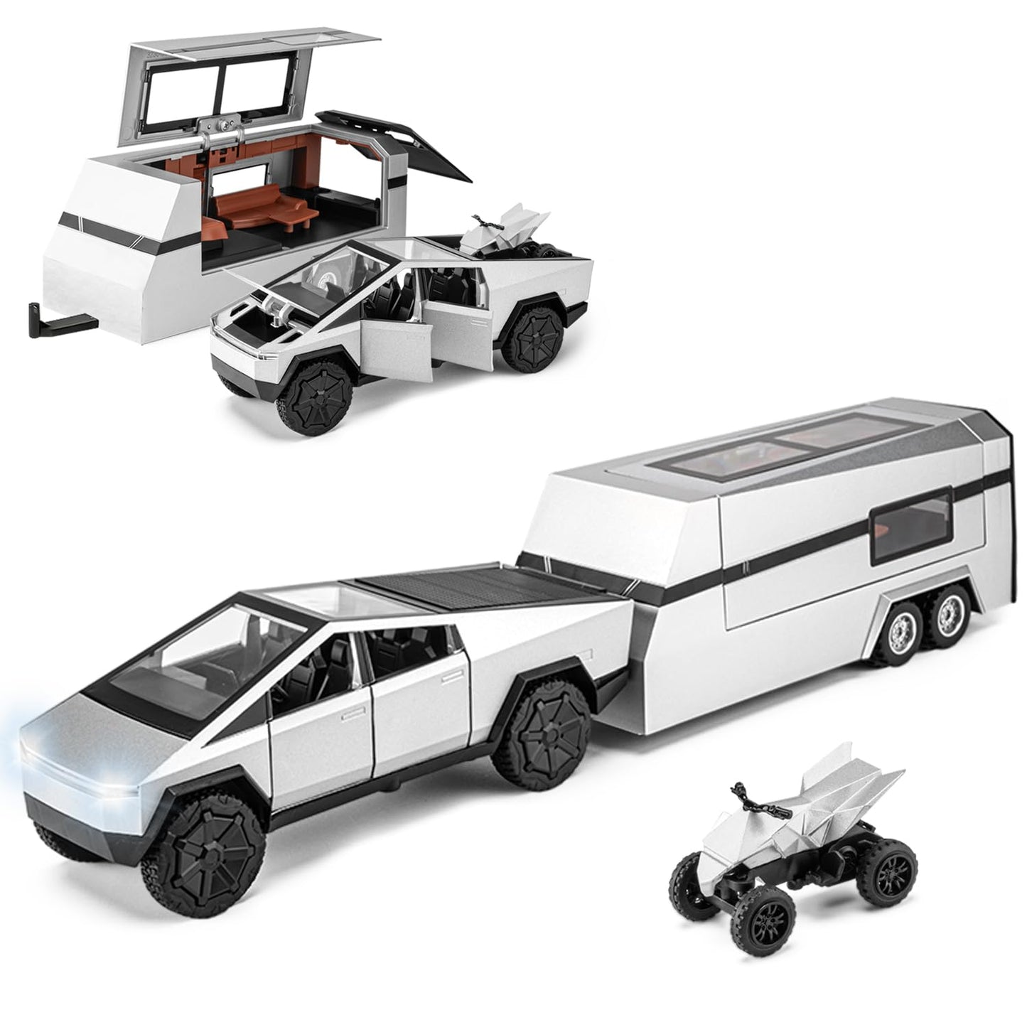 Tesla Cybertruck Pickup Truck with RV Motorcycle Cyber quad Metal Die-cast Model Car 1/32 Toy Truck and Trailer with Sound/Light/Pull Back Ideal Gift for Boys Aged 6 and Up (Silver)