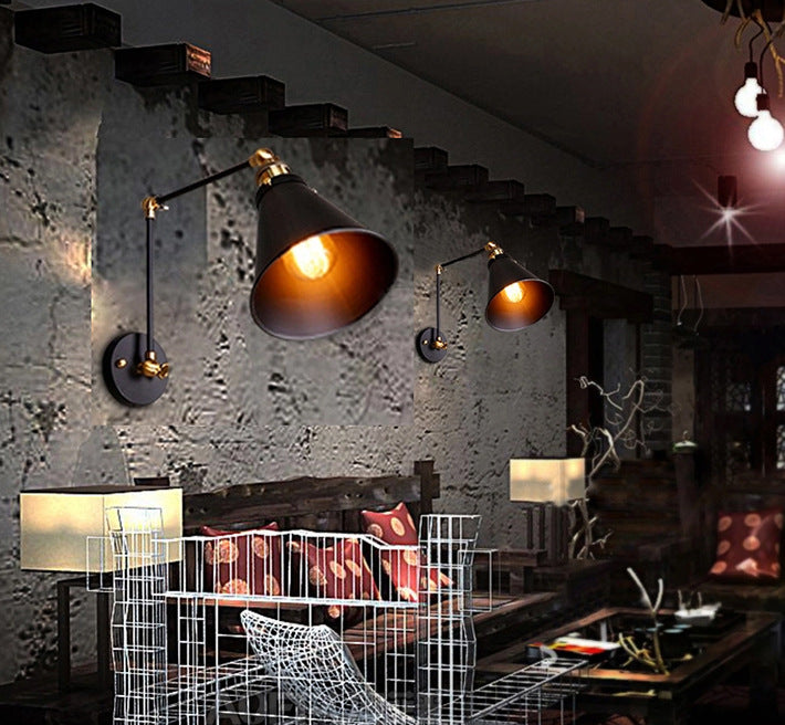 E27 Industrial Retro Adjustable Wall Lamp with Black Shade