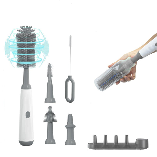 Electric Baby Bottle Brush Cleaner with Extended Handle & Drying Holder Baby Bottle Brush Set with Silicone Bottle/Nipple/Crevice/BrushStraw CleanerLifesaver Automatic Bottle CleanerGray