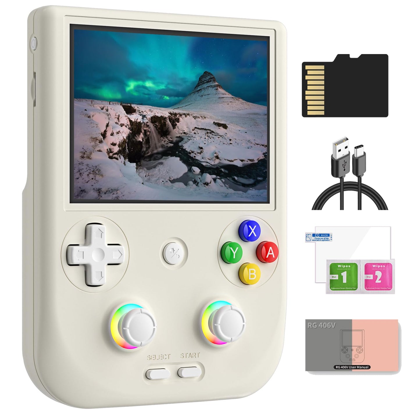 RG406V Android 13 Handheld Game Console 4" HD IPS 8GB RAM 128GB Storage RGB Lighting Game Player 5500mAh Battery Multi-Format Game Support(Beige White)