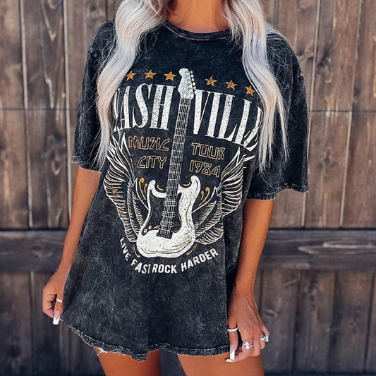 Women Summer Guitar Print Retro Pullover Top