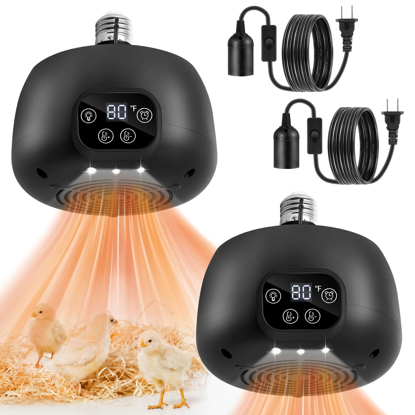 2 Pack Chicken Coop Heater 200W Chicken Heater with Lights and Temperature Control Chicken Heating Lamp with Digital Display 5Ft Cable Chicken Brooder Heater for Reptiles/Lizard（Remote not Include）
