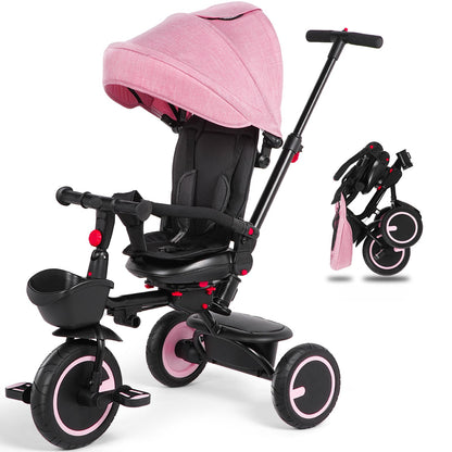 Baby Tricycle 7-in-1 Folding Kids Trike with Adjustable Push Handle Removable Canopy Backrest and Safety Belt Push Tricycle for Toddlers 10 Months - 5 Years