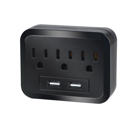 Wall Surge Protector - 3 AC Outlets and 2 USB Ports Power Strip with Premium Protection Wall Mount Outlet Splitter Extender Charging Station (Black)