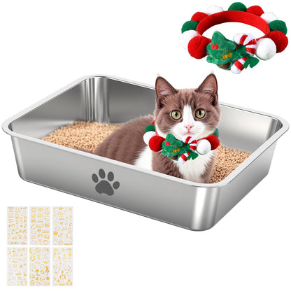 Stainless Steel Cat Litter Box Metal Kitten Litter Pan High Side Cats Toilet Indoor Litter Tray Pet Toilet Supplies for Cats KittyRabbits Easy Clean Non Stick Litter Box No Smell (M)