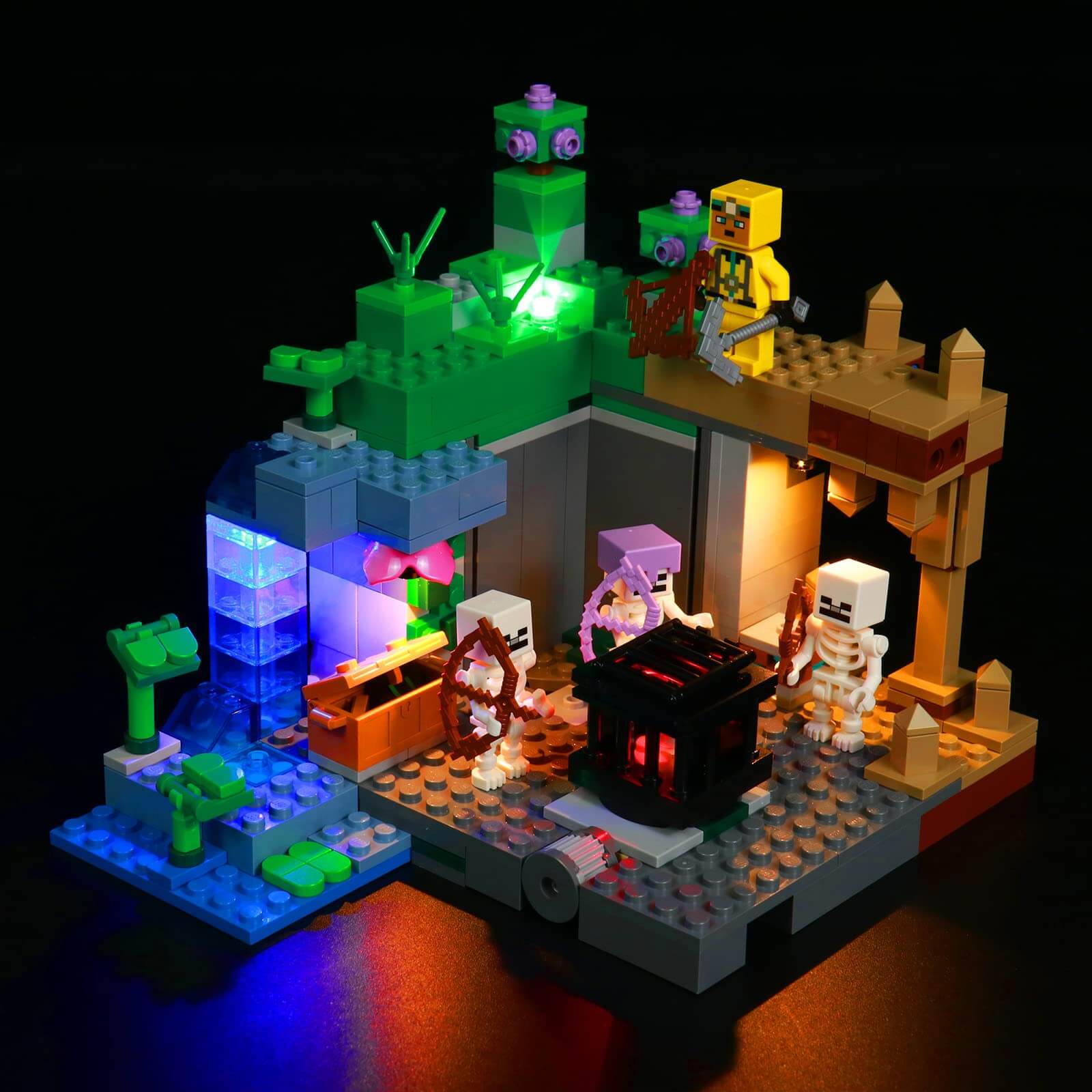 LED light kit for Lego Minecraft dungeon illuminating the Skeleton Dungeon model with vivid colors and details.
