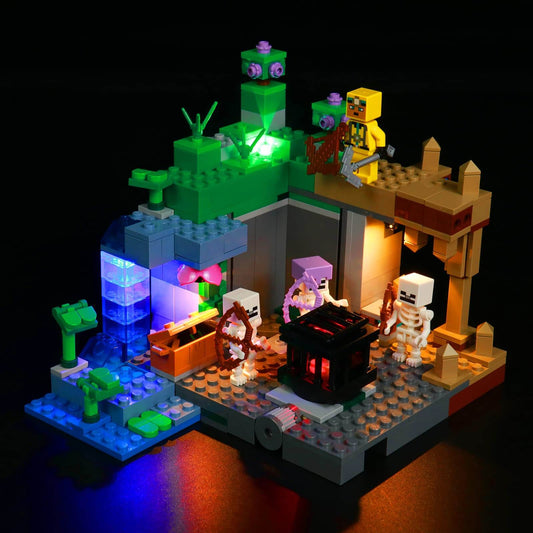 LED light kit for Lego Minecraft dungeon illuminating the Skeleton Dungeon model with vivid colors and details.