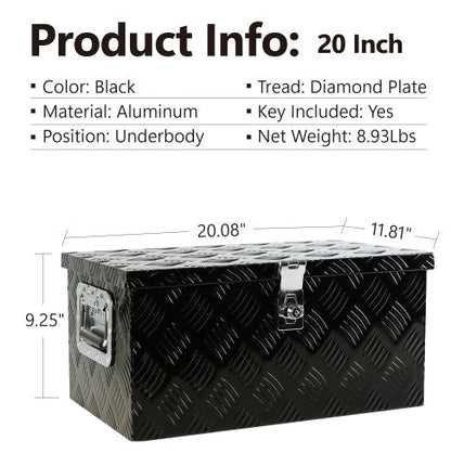 20 Inch Black Aluminum Tool Long Box 5 Bar Tread Flat Box For Truck Car Outdoor Trailer Pickup Underbody RV ATV Storage Tools Organizer With Lock Side Handle And Keys