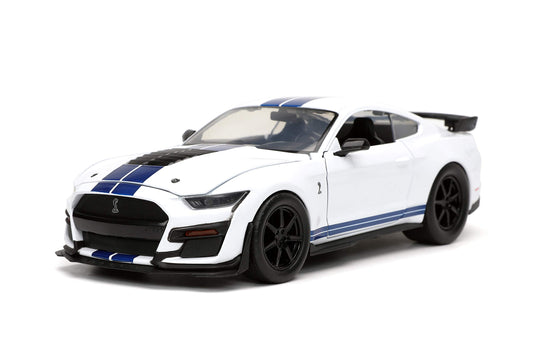 Jada Toys Bigtime Muscle 1:24 2020 Ford Mustang Shelby GT500 Die-cast Car Blue White Stripes Toys for Kids and Adults