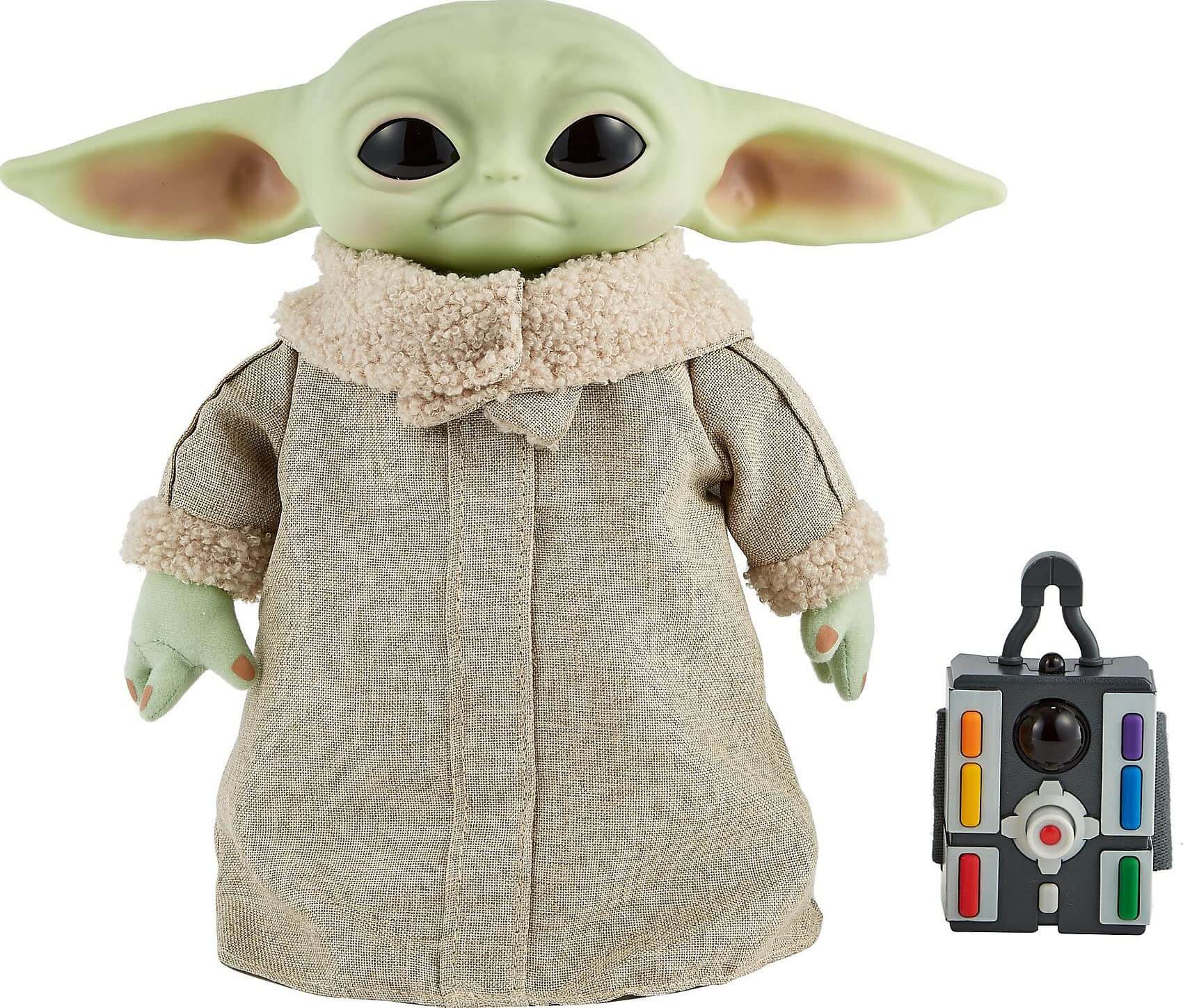 remote control Grogu plush toy with a soft body and sounds, wearing a cozy outfit next to a remote.
