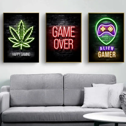 12pcs Neon Video Game Posters for Playroom Decor light