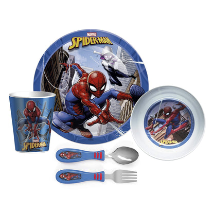 5-Piece Dinnerware Set Marvel Spider-Man - Durable Plastic & Stainless Steel - Includes Tumbler 8-Inch Plate 6-Inch Bowl Fork & Spoon - Suitable for Kids Ages 3+