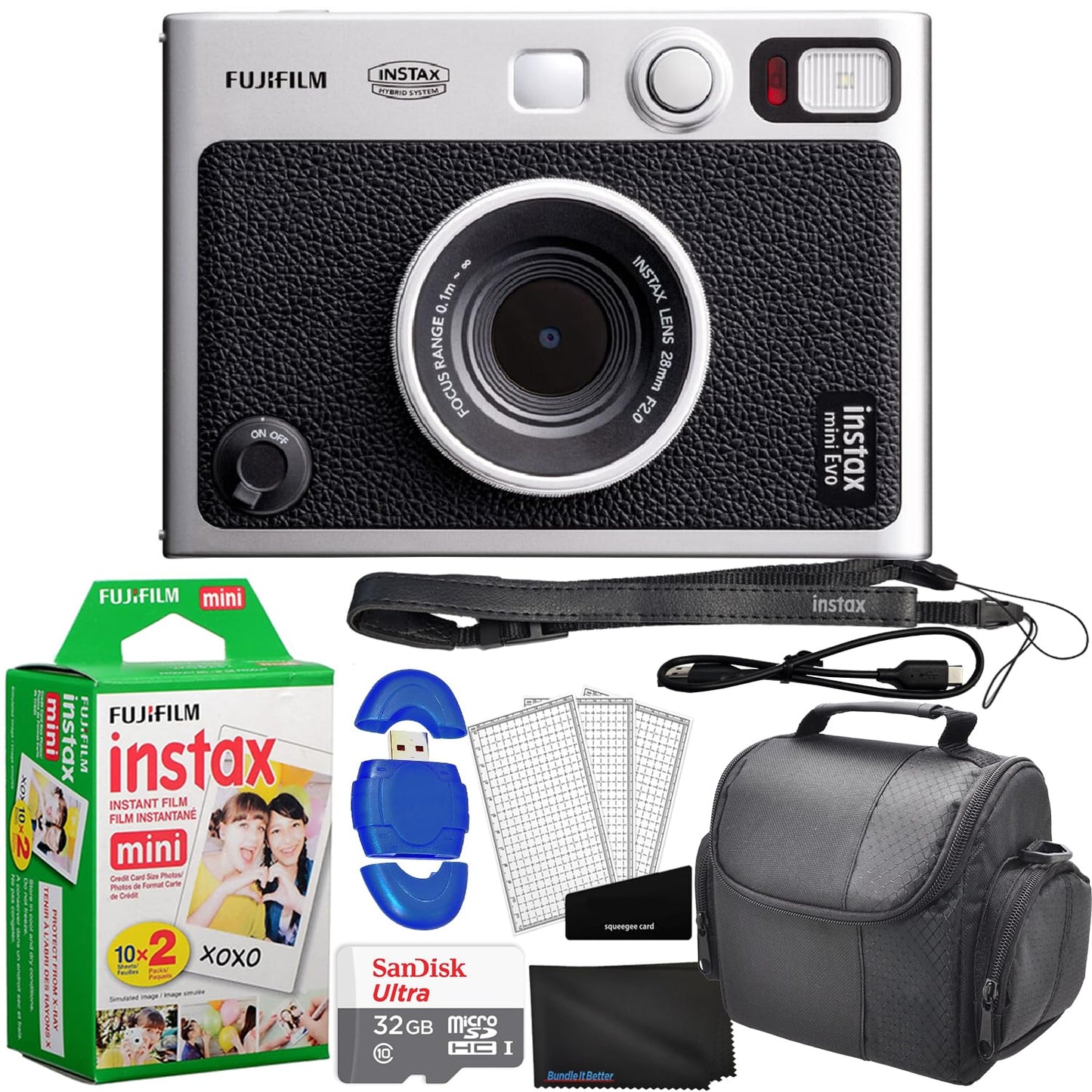 Fujifilm Mini EVO Hybrid Instant Film Camera (Black) (16745183) Bundle It Better Kit with 20 Instant Film Sheets + 32GB Memory + Memory Card Reader Case + Microfiber Cloth + Screen Protector