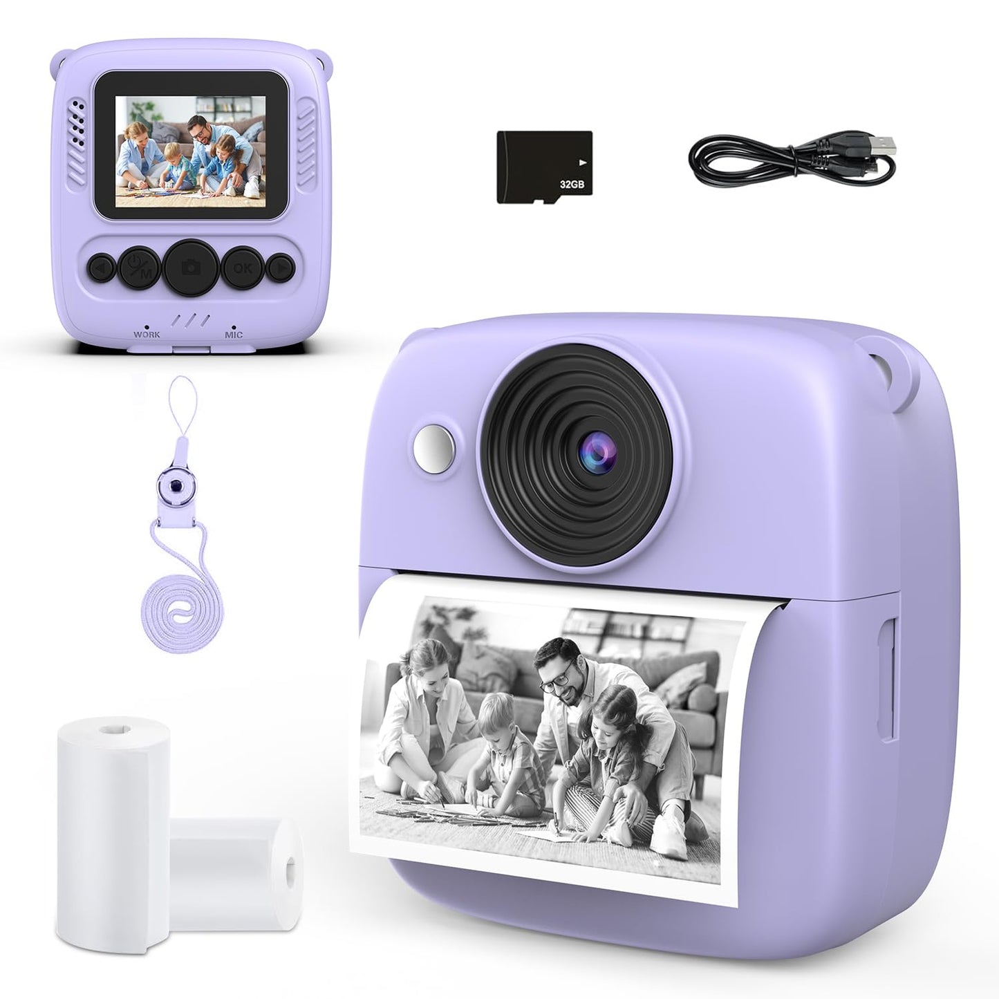 Instant Print Camera for KidsChristmas Birthday Gifts for Girls Boys1080P Digital Video Instant Camera for Kids2.0 Inch Screen Kids Instant Cameras(Purple)