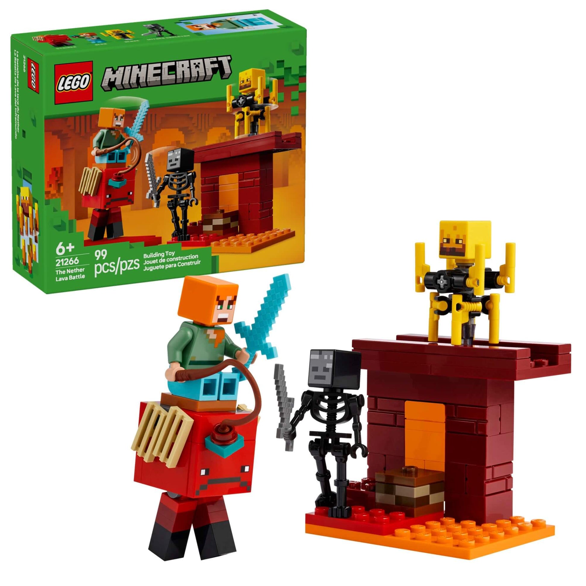 LEGO Minecraft Nether Lava Battle set with characters Alex, Wither Skeleton, Blaze, and Strider for kids ages 6+.