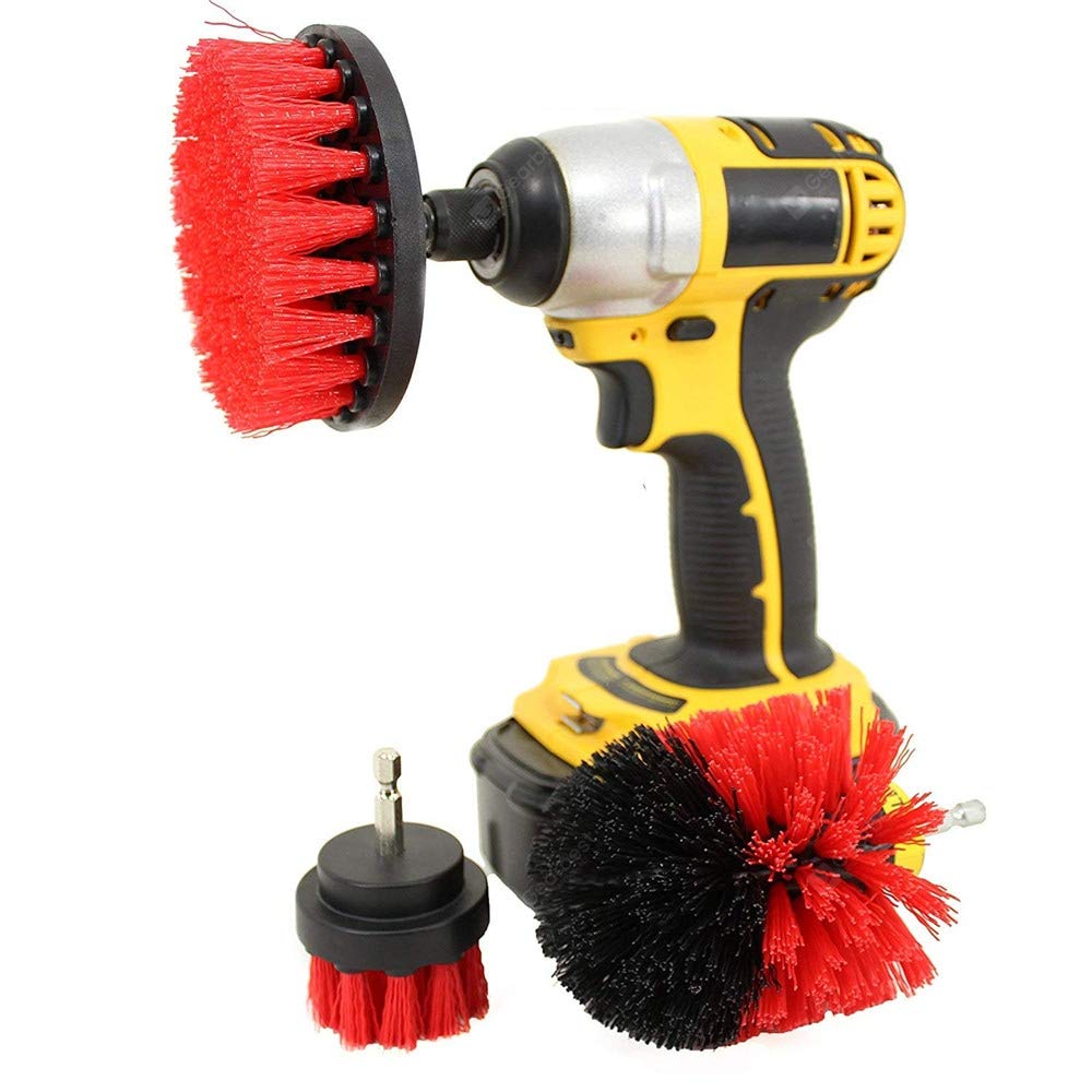 DRILL BRUSH 360 Original Attachments 3 Pack kit - Cleaner Scrubbing Brushes for Bathroom Surface Grout TubTile Shower Kitchen Auto FiberglassBoatRV (red)