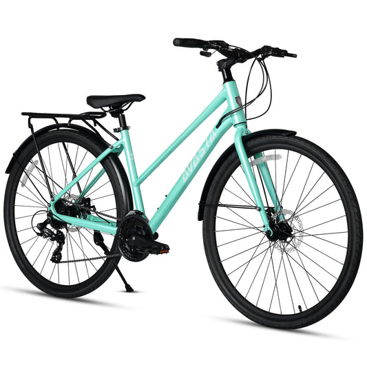 AVASTA Neptune 700C Road Hybrid Bike - Lightweight Aluminum Alloy Frame with 24-Speed Gearing for City Commuting - Rear Cargo Rack Dual Disc Brakes and 17 inch Frame- Mint Green Design for Men Woman
