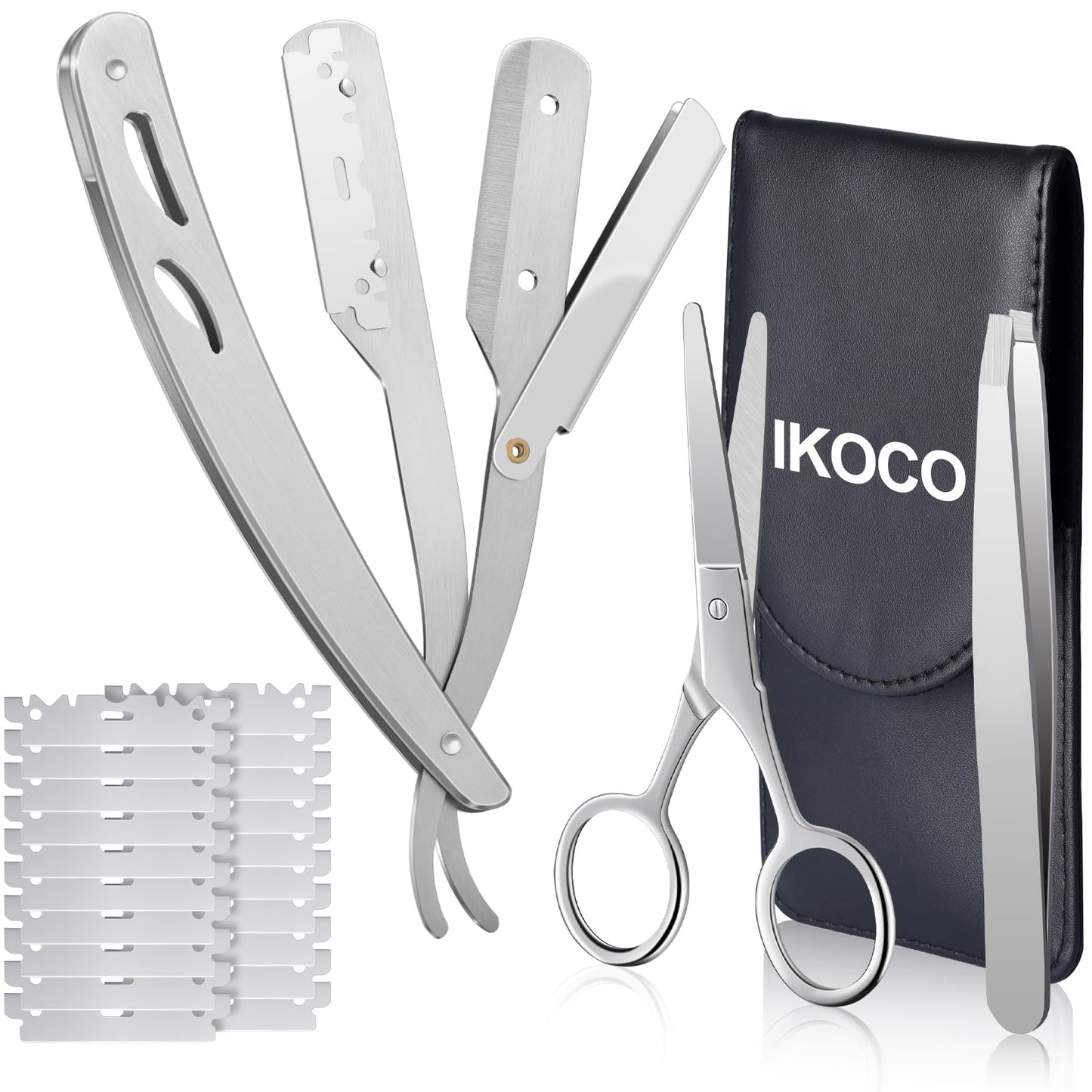 Straight Razor for Men Black Straight Edge Razor Kit with 20PCS Barber Shaving Blades Leather Case Scissor Tweezer Silver