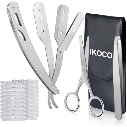 Straight Razor for Men Black Straight Edge Razor Kit with 20PCS Barber Shaving Blades Leather Case Scissor Tweezer Silver