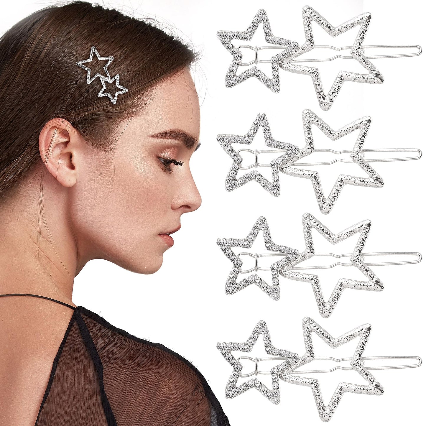 OIIKI Star Hair Clips Pins Silver 8pcs Star Hair Barrettes Elegant Metal Hair Clips Rhinestone Hairpin Hollow Geometric Hair Pins for Women Girls Hair Styling Accessories