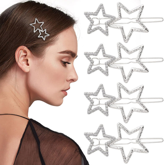 OIIKI Star Hair Clips Pins Silver 8pcs Star Hair Barrettes Elegant Metal Hair Clips Rhinestone Hairpin Hollow Geometric Hair Pins for Women Girls Hair Styling Accessories