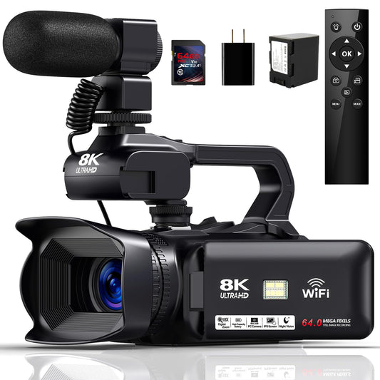 JIOWEATHER 8K Video Camera Camcorder HD 64MP 18X Digital Zoom Vlogging Camera for YouTube Video Camera with WiFi 4500mAh Battery 64GB SD Card Stabilizer Mic Remote Control and Charger