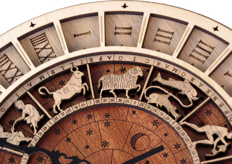 Vintage Wooden Astronomical Clock with Zodiac Signs