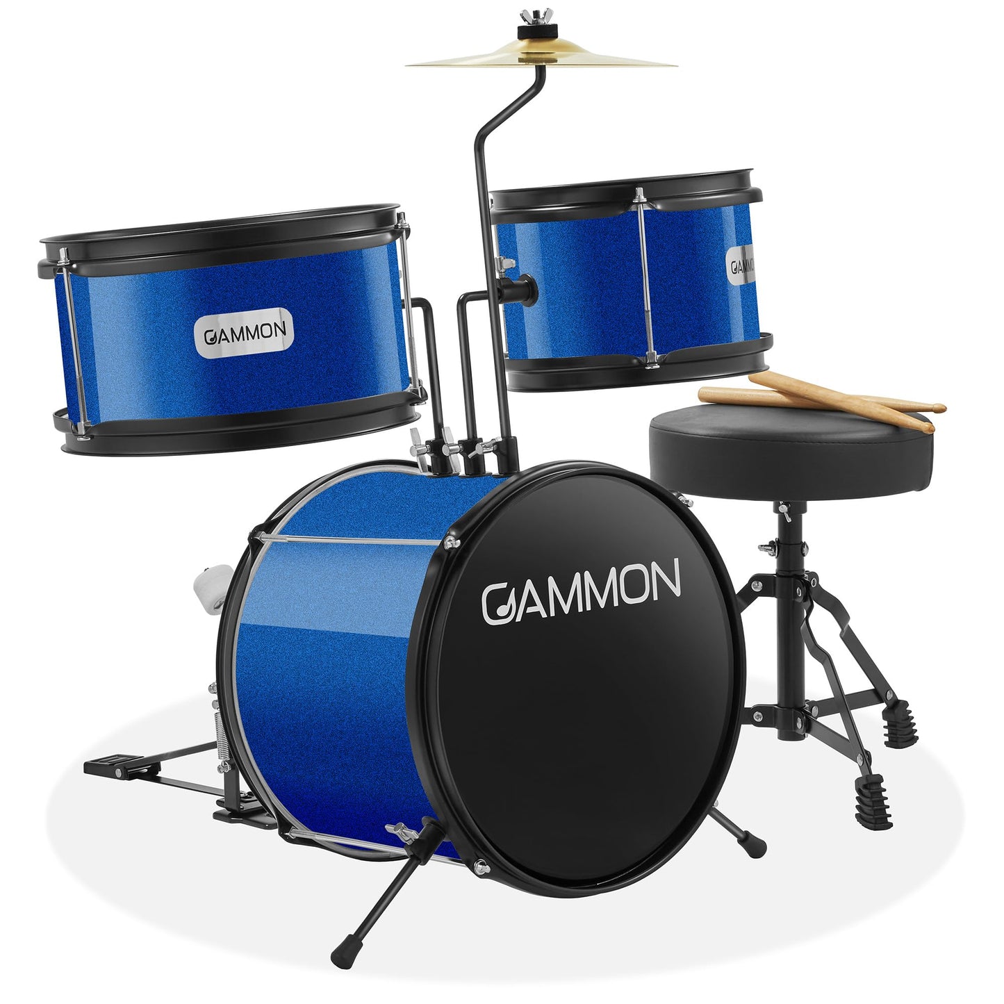 Gammon 3-Piece Junior Drum Set with Throne - Blue Complete Beginner Kit with Bass Drum Toms Cymbal Pedal and Drumsticks