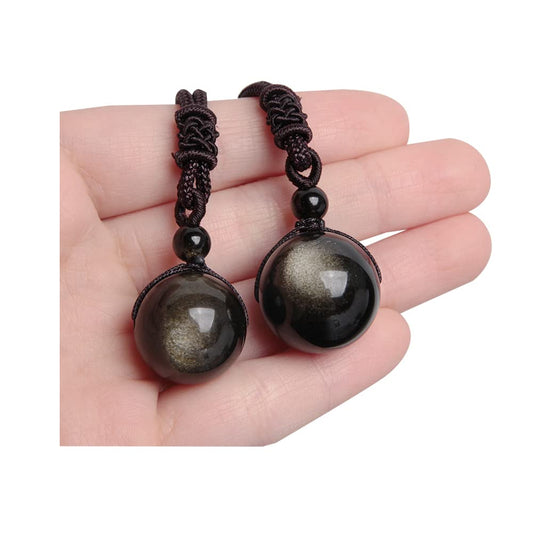 Acxico 2pcs Rainbow Eye Obsidian Golden Bead Pendant Necklace Jewelry
