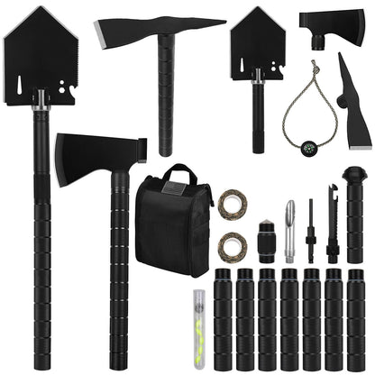 IUNIO Survival Off-Roading Tool Kit Folding Shovel Camping Axe Multitool Pickaxe with Carrying Bag for Outdoor Car Emergency (Upgrade Black)